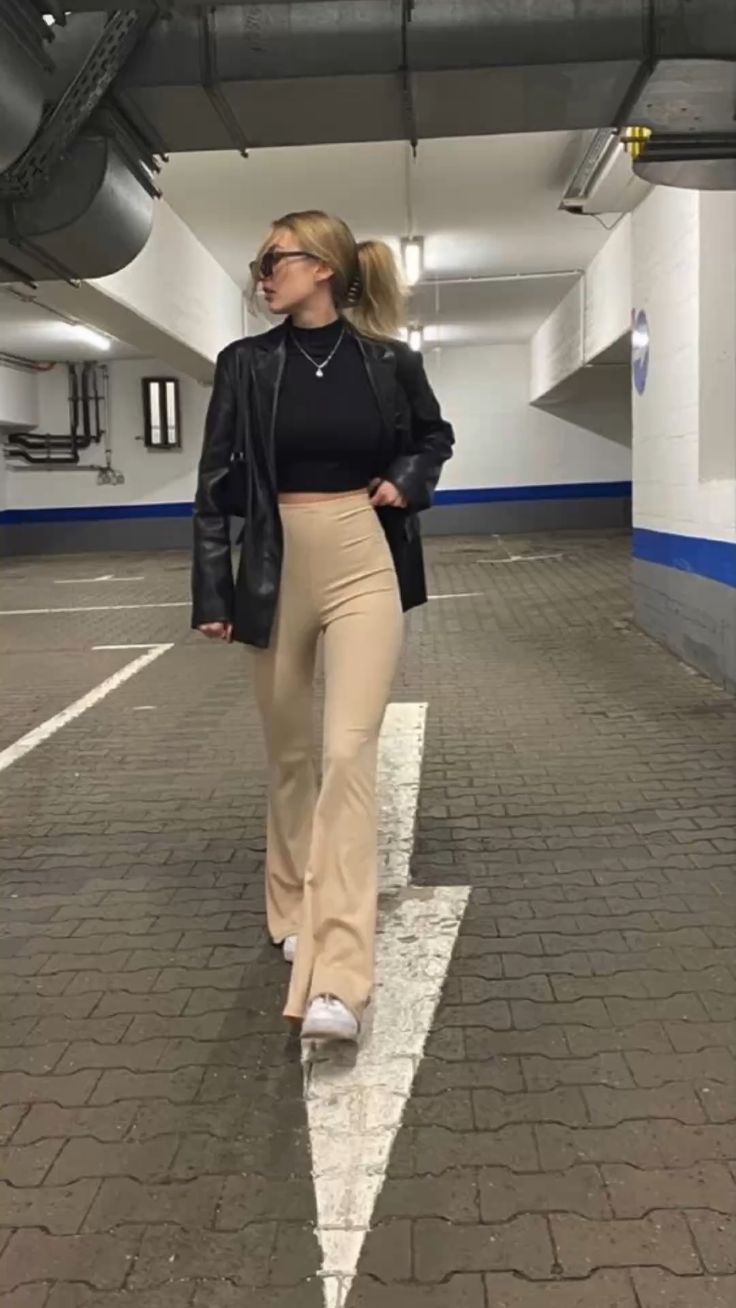 Black Crop Top with Beige Flare Leggings 